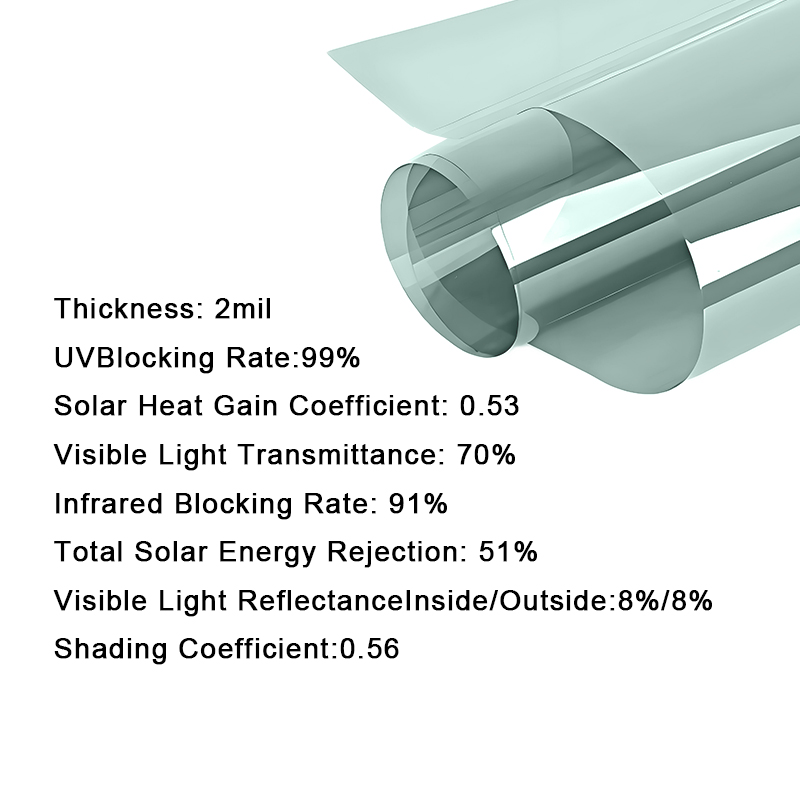 70% Transmitancia de luz visible 91% Bloqueo de infrarrojos 51% Película de ventana de rechazo de energía solar total