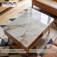 Película transparente para protección de mesas de vidrio y madera.